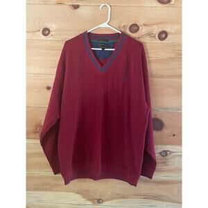 Alexander Julian Colours V-neck Men's Sweater. Deep red. Blue Trim. Size XL